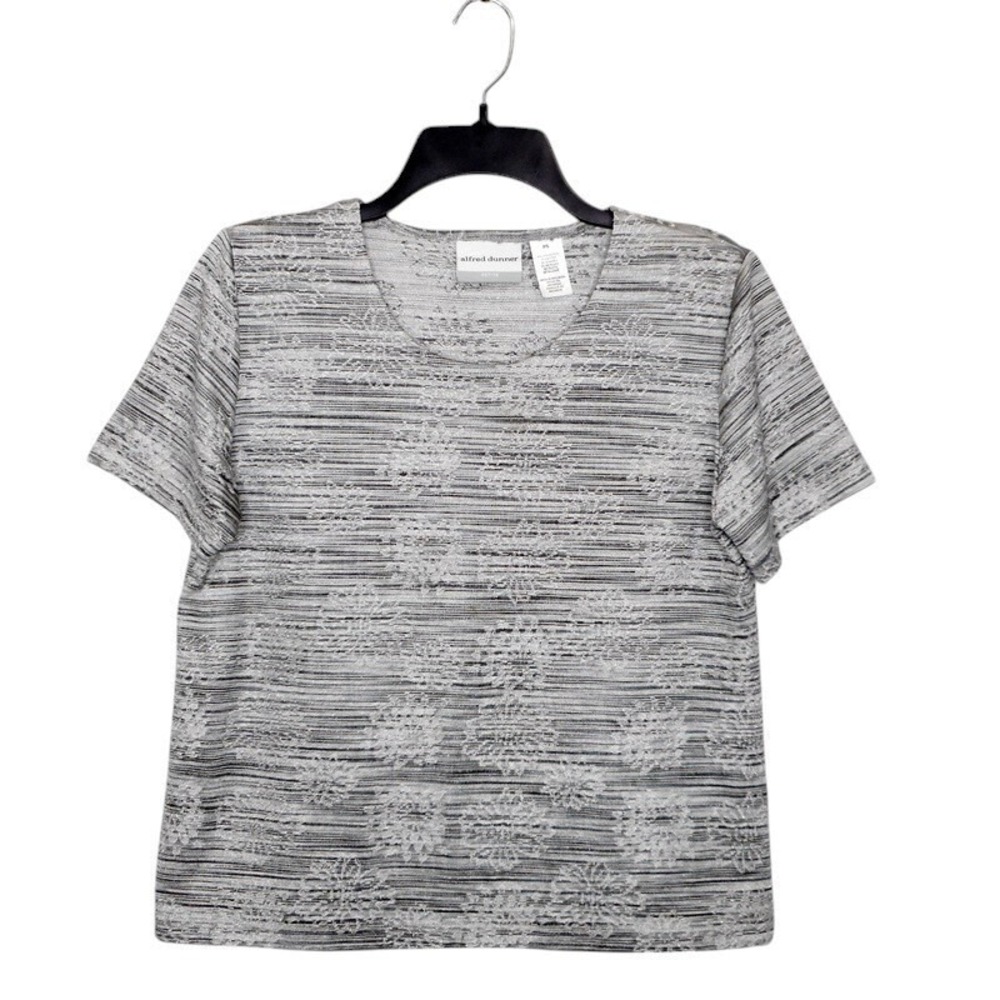 Alfred Dunner Top PS‎ Gray Short Sleeve Textured Floral Stripe Metallic